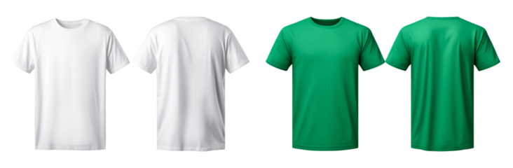Set of blank white and green t-shirts isolated on transparent background. Mockup t shirt template. Front and back.