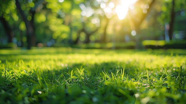 Beautiful blurred background of spring summer nature of a city park with trees and green lawn on a bright sunny day.