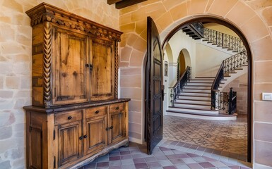Fototapeta na wymiar Wooden cupboard next to smooth wall with arched doorway. Modern entrance hall with stairs in Mediterranean interior design.