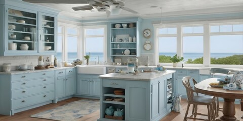 An alluring image of a coastal-inspired kitchen, showcasing light blue cabinets, nautical-themed decor, and a breathtaking ocean view through the window. - obrazy, fototapety, plakaty