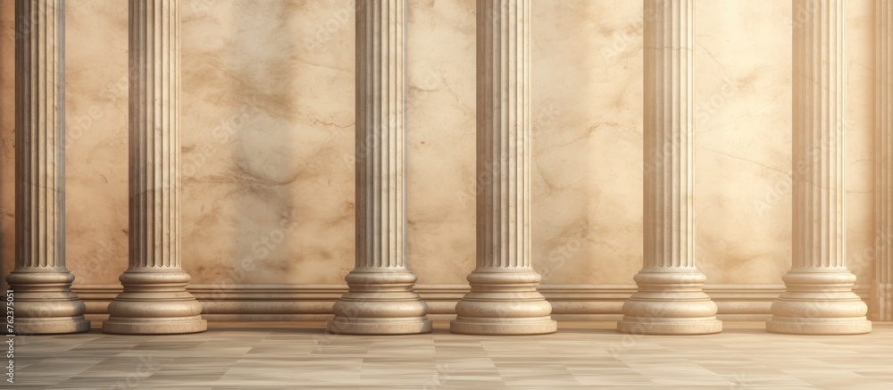 Poster a row of hardwood columns stands in front of a marble wall, creating a symmetrical pattern. the floo