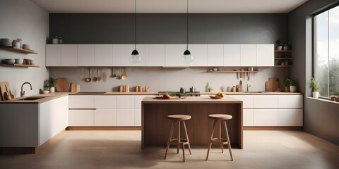 A visually pleasing photo of a minimalist kitchen, characterized by clean lines, minimal clutter, and a monochromatic color palette.