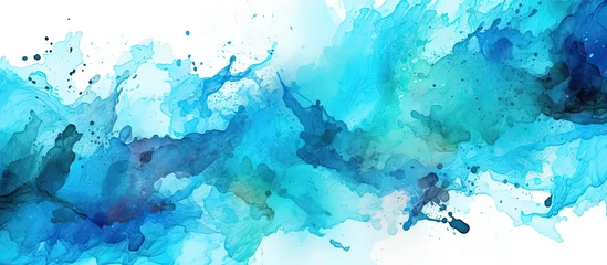 Papier Peint photo Lavable Turquoise A closeup of an electric blue watercolor painting on a white background, showcasing fluid patterns reminiscent of a cumulus cloud or geological phenomenon