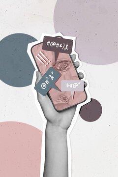 Vertical photo collage of hand hold iphone screen notification text box sms cyberbully comment hate insult isolated on painted background