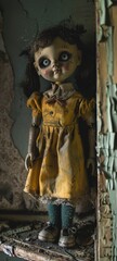 A twisted doll come to life in a neglected toy room, its glassy eyes following movements with malevolent intent