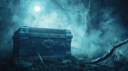 Spooky haunted Halloween mystery gift box, ancient wooden chest surrounded by mist, dim moonlight, eerie forest backdrop - obrazy, fototapety, plakaty