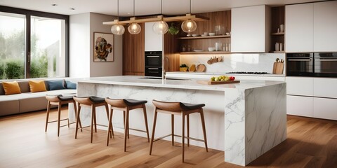 A sophisticated kitchen with a stylish kitchen island boasting a white marble countertop. The warm wooden floor complements the white cabinets, creating an inviting atmosphere.
