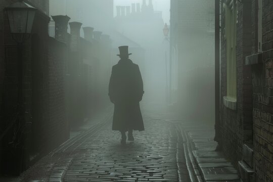 A foggy Victorian London alley, with the shadowy figure of Jack the Ripper looming, his silhouette barely visible in the mist