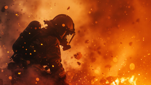 A 3D animated scene depicting a firefighter bravely rescuing someone from a fire-ravaged building