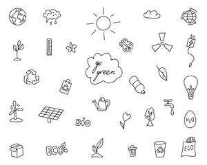 Ecology doodle set. Eco in hand drawn linear style.Earth Day concept, April 22, elements vector set. Save the earth, globe, recycling symbol in simple doodle drawing style. Eco friendly minimal design