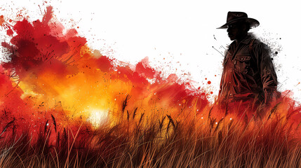 Silhouette of a cowboy in a field with a dramatic red and orange watercolor splash background. - obrazy, fototapety, plakaty