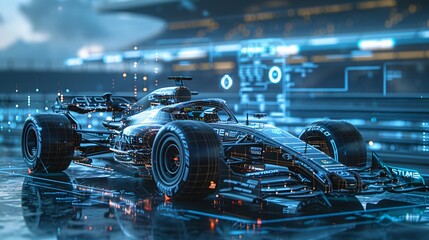 Design a Formula One car schematic brimming with futuristic details, set against a backdrop of data clouds and a dynamic GUI interface, all rendered with Unreal Engine's cutting-edge capabilities - obrazy, fototapety, plakaty
