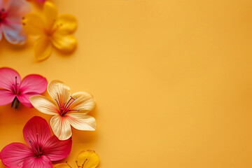 Fototapeta na wymiar Colorful and beautiful flowers isolated in minimalist copy space yellow background, abstract flowers wallpaper concept, Beautiful flowers with empty space for text, top view of colorful spring flowers