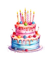 Watercolor illustration of a colored birthday cake with seven burning candles isolated on white background.	