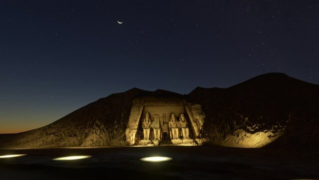 Drone aerial view at night of the Temple of Ramses II at Abu Simbel. Southwest of Aswan. Egypt