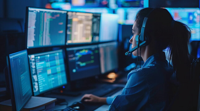A customer support representative with a headset sitting at a call center desk