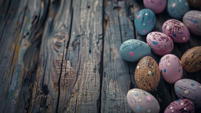 Easter eggs on wooden background. Easter background for design. Selective focus.