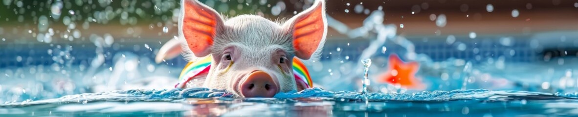 Pig in a colorful swimsuit playfully splashing in a backyard swimming pool - obrazy, fototapety, plakaty