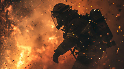 a firefighter bravely rescuing someone from a fire-ravaged building - obrazy, fototapety, plakaty