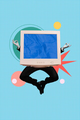 Vertical collage photo of headless worker businessman jumping meditation overworked computer...