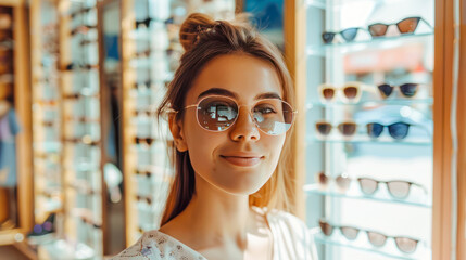 Young beautiful woman chooses sunglasses at showcase. Eye care. Customer trying on new sunglasses. Happy customer buying glasses at optics store. Glasses sale, special offer, new eyewear collection