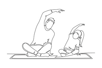 Single continuous line drawing of father and daughter doing yoga exercises. Medical health care service workers concept one line draw design vector illustration