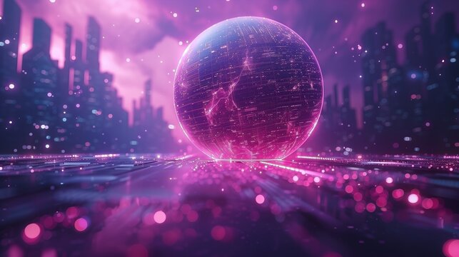 Large glowing fuscia orb over a city, AI-generative