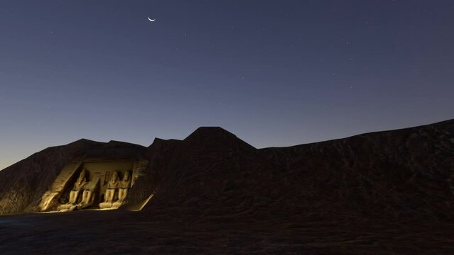Aerial drone shot at night of the Temple of Ramses II at Abu Simbel. Southwest of Aswan. Egypt