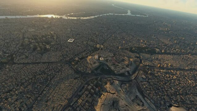Top drone aerial view at sunset of the Mosque of Muhammad Ali in Cairo city. Egypt