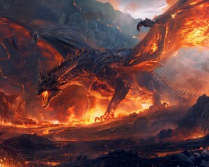 A dramatic scene of a mighty dragon emerging from a volcanic caldera