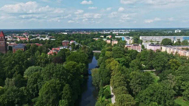 Aerial drone view of The Spree river in Cottbus , Germany