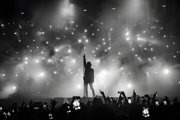 Lead singer of a band standing among people on a show, concert stage, black and white photo