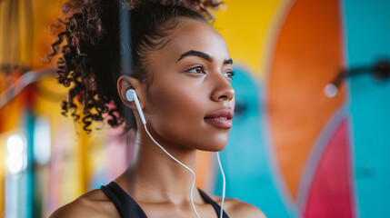A young sporty woman with earphones listening to music in a gym setting