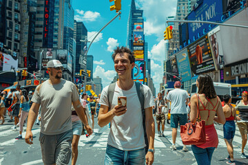 young tourist walking on the streets with his cell phone in his hand