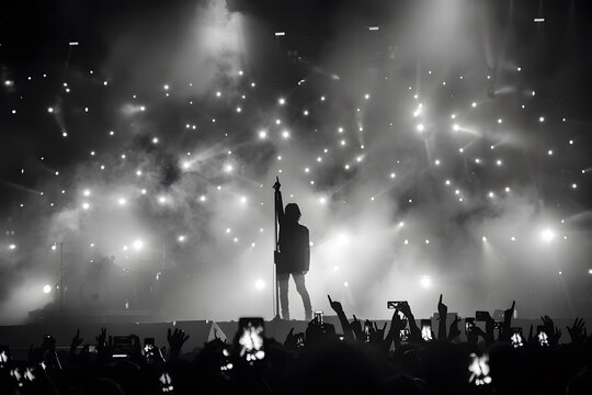 Lead singer of a band standing among people on a show, concert stage, black and white photo
