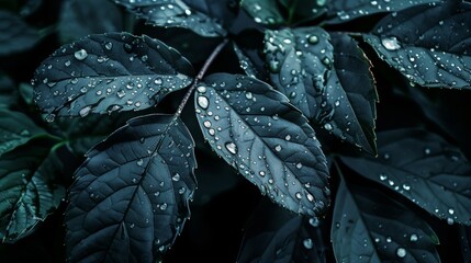natural elegant leaves with raindrops, dark theme, copy and text space, nature background, 16:9
