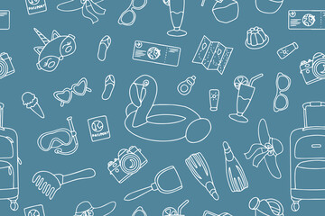 Seamless pattern of summer holiday elements, luggage and swimwear. Travel element drawn in doodle style. Vector 