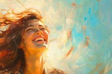 A portrait of joyful conscious woman beams with happiness, close up ,mindfulness - obrazy, fototapety, plakaty