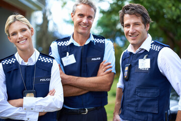 Crossed arms, security team and portrait of police people for crime, protection and safety service....