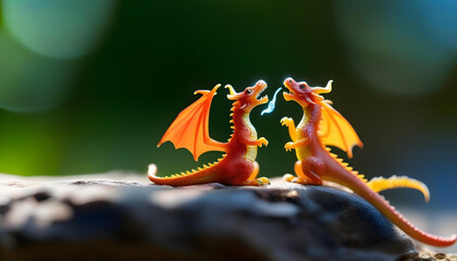 A close-up shot of two tiny dragon figurines battling on a stone