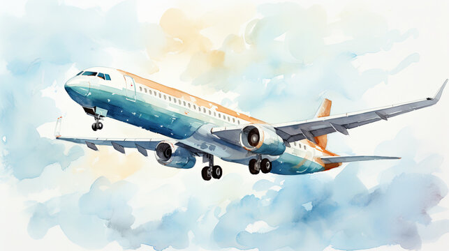 A watercolor illustration of a modern jet airliner taking off into a sky painted with broad strokes of blue and warm tones, encapsulating the feeling of departure and the start of a journey.