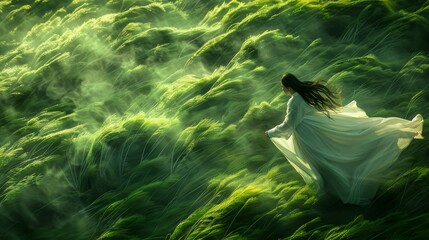 long green grass, woman, black hair, white dress,  waves undulating line, blurred movement, copy...