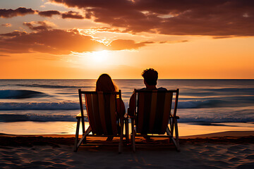 Couple Enjoying a Majestic Sunset on the Beach with Ocean Waves
