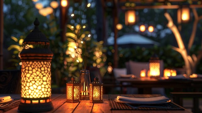 Closeup of traditional Thai dishes served in an elegant wooden house at night