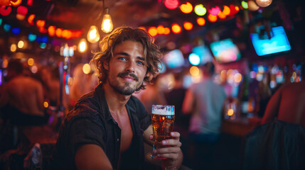 20s white handsome man, drinking beer at a nightclub on a black shirt, front view picture. 