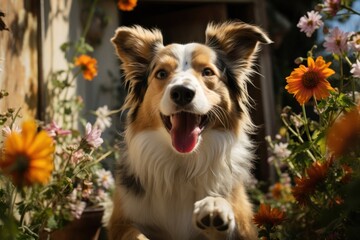 Brown and White Dog Standing Next to Flowers Generative AI