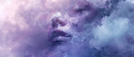 Submerged in Dreams, surreal, portrait, dreamscape, misty, delicate, features, swirling, purple, blue, smoke, veiled, ethereal, dreamy, face, submerged, abstract, artistic, haze, mysterious, tranquil