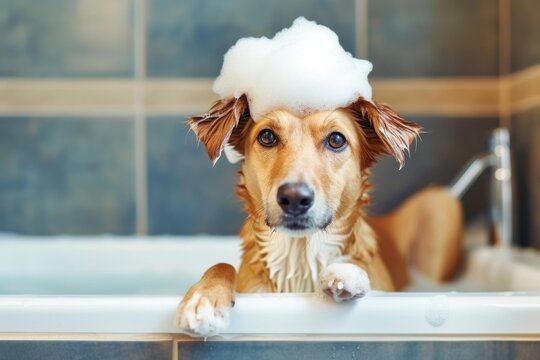 Funny dog with soapy white foam on his head sits in the bathtub, taking care of his pet, grooming and washing him	
