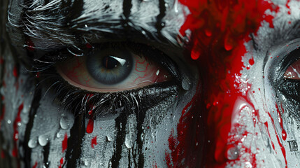Close-up of a human eye with dramatic black makeup and dripping red paint, symbolizing horror or...