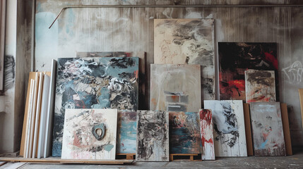 Fototapeta na wymiar Abstract Painting Assortment, Artistic Canvases Leaning in Workshop, Textural Art Pieces